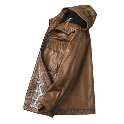 China Medium brown leather jacket men's waterproof fashion sheepskin jackets and coats oil wax cowl men's leather jackets for men 2021 for sale