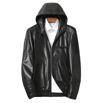 China Autumn Viable Clothing Casual Genuine Leather Jacket Men Goatskin Leather Jacket And Coats With Hood Embroidery for sale