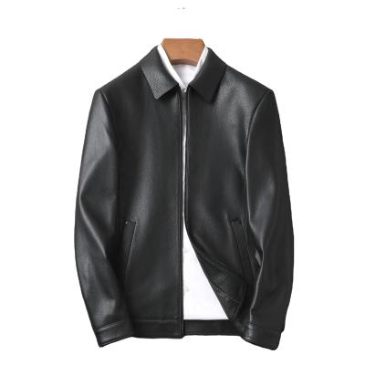 China Genuine Skin Engine Bomber Jacket Patched Soft Leather Regular Fit Zipper-front Mens Leather Jacket Goatskin QUICK DRY for sale