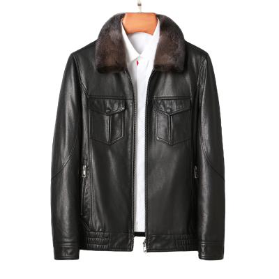 China QUICK DRY Mens Sheepskin Casual Oil Skin Leather BomberJacket Coat With Detachable Fur Collar Wool Fur Lined Winter Jacket Warm Man for sale