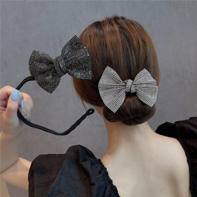 China Lazy Fluffy Hair Ring Hairband For Girl Jewelry New Girl Light Full Diamond Bow Tie Hair Ball Fashionable Luxury Head Artifact for sale