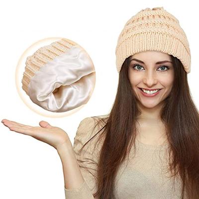 China COMMON Free Shipping Silk Coating Silk Line Women Acrylic Winter Custom Curly Hair Beanie Hat Satin Knitted Hat Wholesale for sale