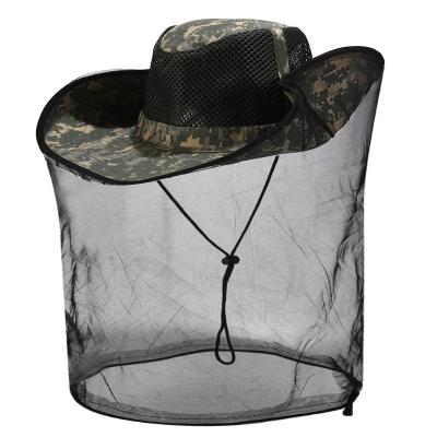 China Military Character Army Mosquito Repellent Fishing Hats With Protective Mask Camp Fisherman Bee Camouflage Mesh Bucket Hat Custom With String for sale