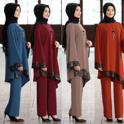 China Polyester Limanying Muslim Supply Abaya Ramadan Mubarak Dubai Turkey Muslims Hijab Dress Set Two Piece Kaftan Islamic Clothing for sale