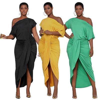 China 2021 Supply Limanying Off Shoulder Polyester African Style Dresses Hot Elegant Slim Oblique Irregular Design Long Dress for sale