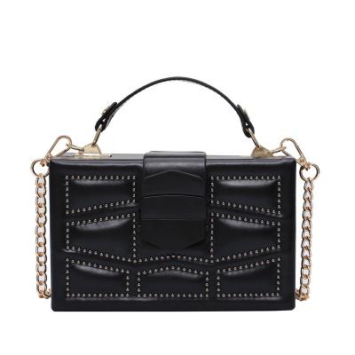 China Hot Sale Fashion Rivet Metal Chain Lock Square Box Cross - Body Handbag Women Branded Handbag for sale