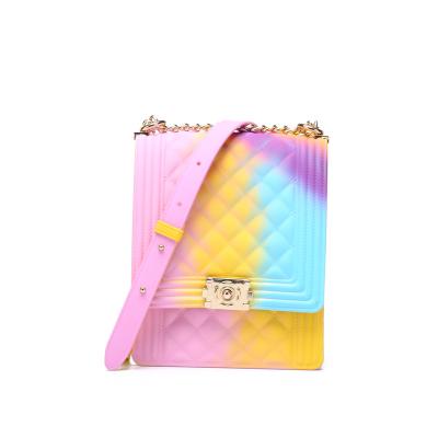 China Fashion Hot Sell Designer Handbag Rainbow Pvc Shoulder Handbag Purse Gradient Jelly Crossbody Bag With Chain for sale