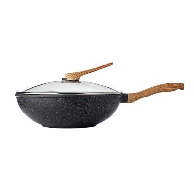 China Wood Handle Family Kitchen Wok Aluminum Marble Coating Casserole With 26 Glass Cover for sale