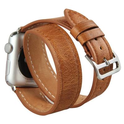 China Luxury Dual Tour Band Cuff Strap Genuine Leather Watch Band Replacement For Apple 44mm iWatch 40mm for sale