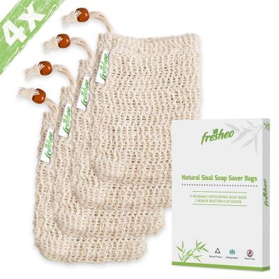 China 2021 Face Exfoliating Logo Drawstring Natural Sisal Mesh Custom Soap Bag For Shower for sale