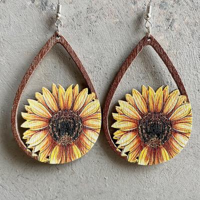 China FASHIONABLE Bohemian Sunflower Cactus Earrings Water Drop Printing Pattern Earrings Wooden Jewelry for sale