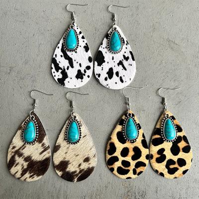 China Vintage Cowhide Print Water Drop Turquoise Metal Retro Cow Print Simple Animal Leopard Print Dangle Earrings for sale