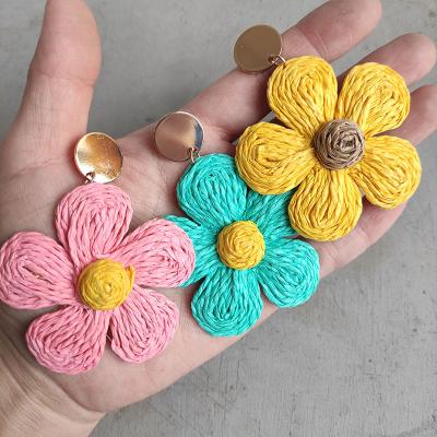 China New BOHEMIA Boho Geometric Statement Drop Straw Raffia Flower Earrings Handmade For Women Girls for sale