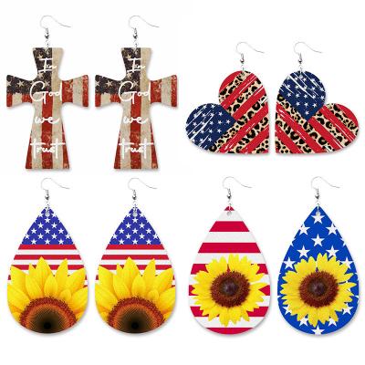 China Vintage America Independence Day National Flag PU Leather Earrings For Women Bar Leopard Print Sunflower Earrings for sale