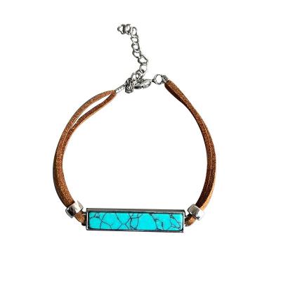 China Hot Selling Vintage Couple Simple Geometric Western Vintage Denim Band Long Fashion Turquoise Jewelry Leather Bracelet for sale