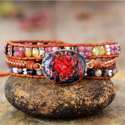 China Ethnic Stones High End Leather Vintage Wrap Bracelets Weaving Art Chain Statement Bracelet Jewelry Gifts for sale