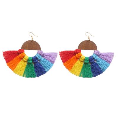 China Vintage Bohemian Vintage Semicircle Geometric Hollow Wooden Earrings For Women Hand - Woven Colorful Rainbow Tassel Earrings Jewelry for sale