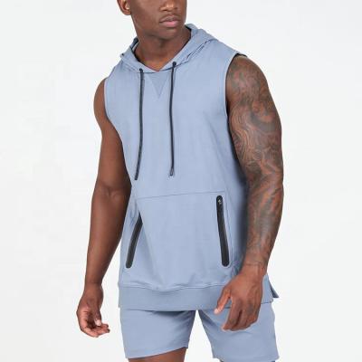 China Custom Gym Sport Wear Pullover Pocket Zipper Anti-wrinkle Cotton Sleeveless Hoodies For Men for sale