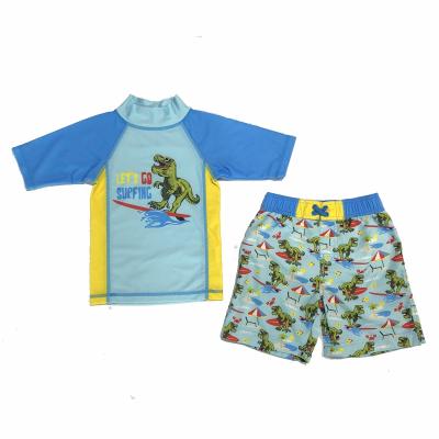 China Breathable Set 2 Piece UPF 50+ Dinosaur Print Rash Guard Toddler Boys Short Sleeve Swim Shirt And Swimwear Swimwear Set For Boys Kids for sale