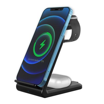 China Portable Wireless Phone Holder Stand 15W Qi Fast Charging Wireless Charger Stand for iPhone 14 for Airpods for Smart Watch 3 in 1 Wireless Phone Charger for sale