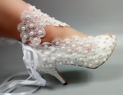 China Waterproof Peep Toe Rhinestone Bridal White Wedding Shoes For Bride Women Low High Heel for sale