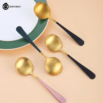 China WORTHBUY Nordic Viable Stainless Steel Round Spoon Colorful Handle Thicken Matte Spray Painting Tableware For Kitchen for sale