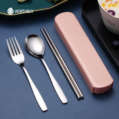 China WORTHBUY Travel Viable Portable Tableware Set Stainless Steel Dinnerware With Box Kitchen Fork Spoon Dinner Set For Kid School Cutlery for sale