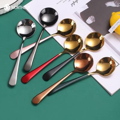 China WORTHBUY 18/8 Stainless Steel Soup Spoon Viable Colorful Dinner Spoon With Long Handle Dessert Spoon For Kitchen Tableware Coffee Scoop for sale