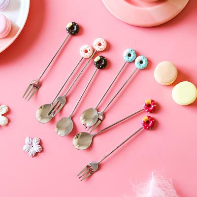 China WORTHBUY Creative Cute Viable Cartoon 304 Stainless Steel Teaspoon Donut Shape Tea Cake Fork For Kids for sale