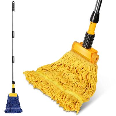 China Sustainable Cotton Yarn Heavy Duty Replaceable Head Mop Clip Organic Yellow Soft Wet Mop With Telescopic Pole for sale