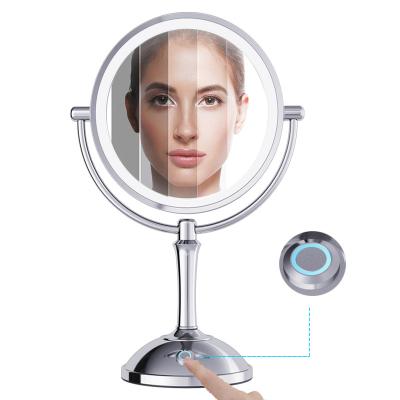 China Zadro Style Lighted Chrome Metal Two Sides 10X Magnifying Led Table Cosmetic Mirror for sale