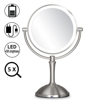 China Lighted Brushed Nickel Plating Free Standing 3X Table Top Magnifying Cosmetic Light Mirror for sale