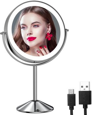 China Lighted 8 Inch Free Standing Table Top Double Sided Battery Operated Vanity Makeup Mirror With Lights for sale