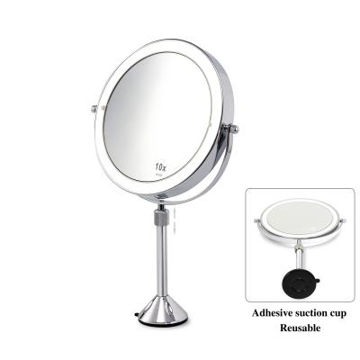 China Swivel Vanity Mirror With Lights Wireless Tilt Head Round Table Standing 8X Double Sided Lighted Makeup Mirror for sale