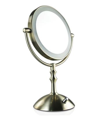 China Lighted Turnover Double Sided Desk Lighted Magnifying Makeup Mirror With Lights Around It for sale