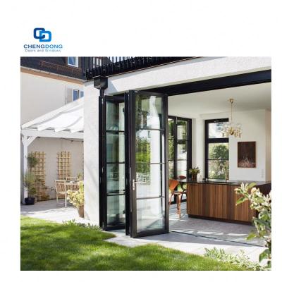 China Waterproof Modern Metal Folding Door Iron Black Tempered Glass Design Bedroom Door Steel Bifolding Door With Hardware Sets for sale