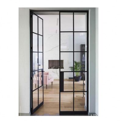 China Industrial Minimalist Steel Security Entry Door Double Panels Grill Design With Glass Steel Swing Door for sale