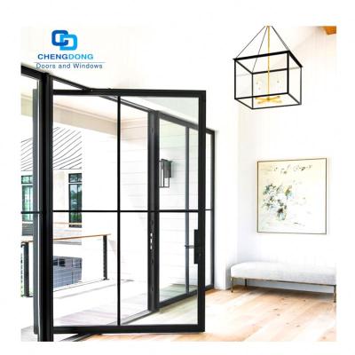 China Modern Heavy Duty Black Aluminum French Glass Design French Grill Panels Exterior Pivot Door For House for sale