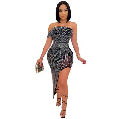 China Women Anti-Static Rhinestone Studded Birthday Party Casual Dress Sparkle Off Shoulder Long Crystal Sexy Mesh Bodycon Midi Dresses for sale