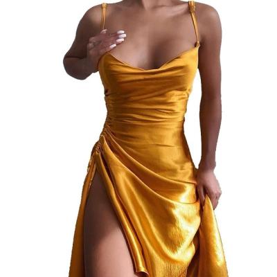 China 2022 Satin Evening Dresses Drawstring Slit Anti-Static Party Wrap Sexy Silk Dresses for Women Elegant Evening Dresses for sale