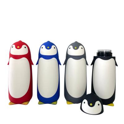 China Sustainable Wholesale Blue Glass Bottle 300ml Cartoon Penguin Glass Water Bottle Kids Eco - Friendly for sale