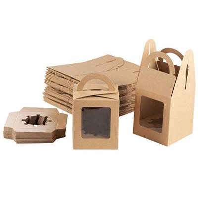 China Large Size Recycled Materials Unique Style Handle PVC Cake Portable Food Brown Recycled Printed Kraft Paper Packaging Box for sale