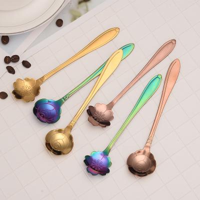 China Viable Flower Shaped Rose Gold Stainless Steel Spoon Dessert Teaspoon Ice Cream Candy Tea Spoon for sale