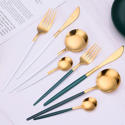 China Sustainable Luxury Restaurants Wedding Flatware Gold Knives And Forks 24 Pcs Stainless Steel Cutlery Sets With Rack for sale