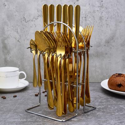 China Amazon Sustainable Stainless Steel Knife Fork Spoon Set Luxury Gold 24pcs Flatware Cutlery Set With Stand for sale