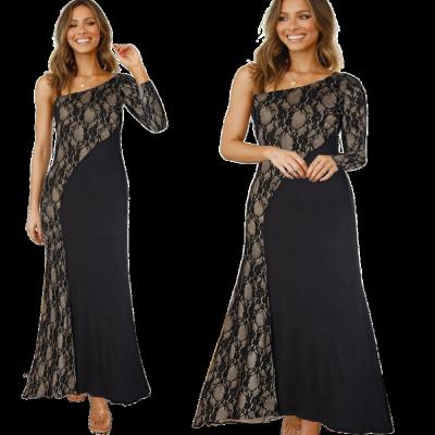 China 2021 breathable new autumn and winter long evening dress single shoulder dress splicing lace plus size for sale