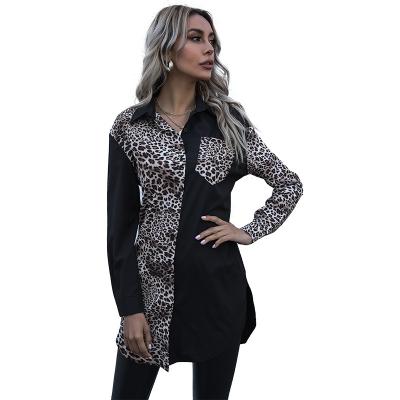 China 2021Fall Leopard Printing Long Sleeve Slim Fit Patchwork Lapel Long Shirts Tops For Women for sale