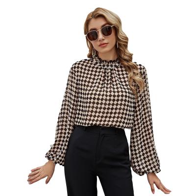 China LadiestT-Wholesale2021New Autumn and Winter Lantern Sleeve Casual Chiffon Shirt Loose Plaid Crewneck Lantern Sleeve for sale