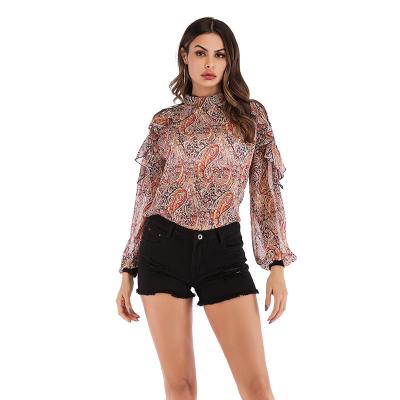 China 2021Women's Lantern Viable Long Sleeve Chiffon Ruffled Autumn Printed Sweater Shirt for sale