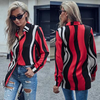 China 2021Autumn New Style Viable Red Striped Lapel Long Sleeve Underwear Blouse Women for sale